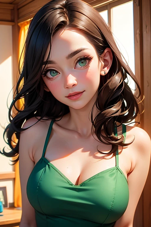 Amazing portrait of a sexy woman with a beautiful face with lustful eyes gazing seductively and parted pink lips smiling as she blushed deeply with her black hair in a bun wearing a green satin shirt that is partially unbuttoned and falling off her shoulders exposing her creamy pale porcelain skin in a very dimly lit bedroom giving off an intimate vibe
