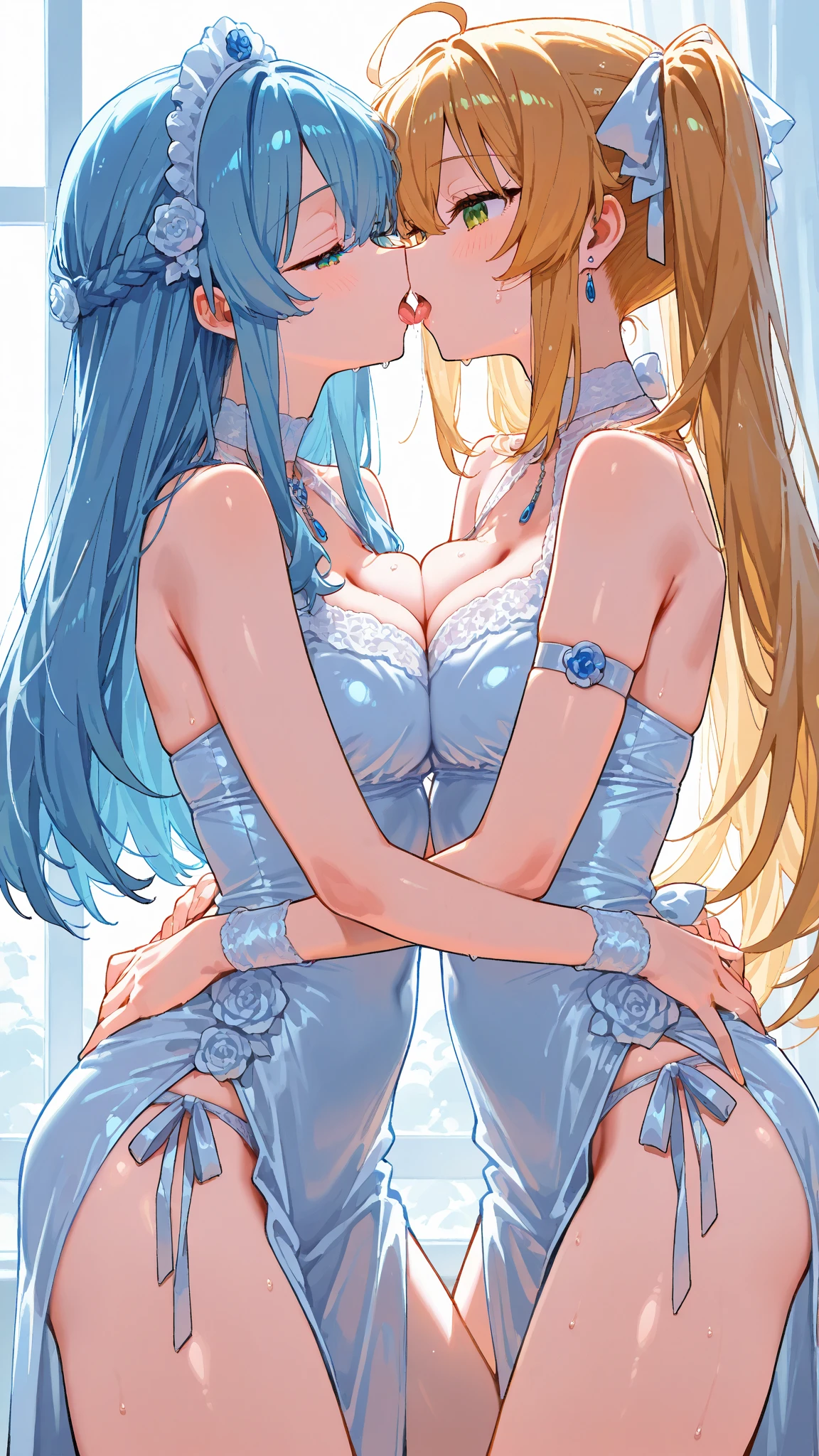 Blonde Long Hair Aqua Blue Rubber Wedding Dress Hand-drawn anime Primary school students 天蓋付きのcuteピンクラバーベッド Sleep in bed Embarrassing Blushing Very long aquamarine skirt Aqua Blue Rubber Tights Aqua blue rubber inner Rubber Glossy Cloth Metallic luster Mesh fabric from neck to chest Multiple ribbons Soaked in the rain Super long aqua blue rubber gloves Wet and see-through aqua blue rubber pantyhose garter belt cute Pitiful clear Small eyes Droopy eyes Pale pink rouge Aqua blue rubber long boots Wet lips Aqua Blue Rubber Bodysuit