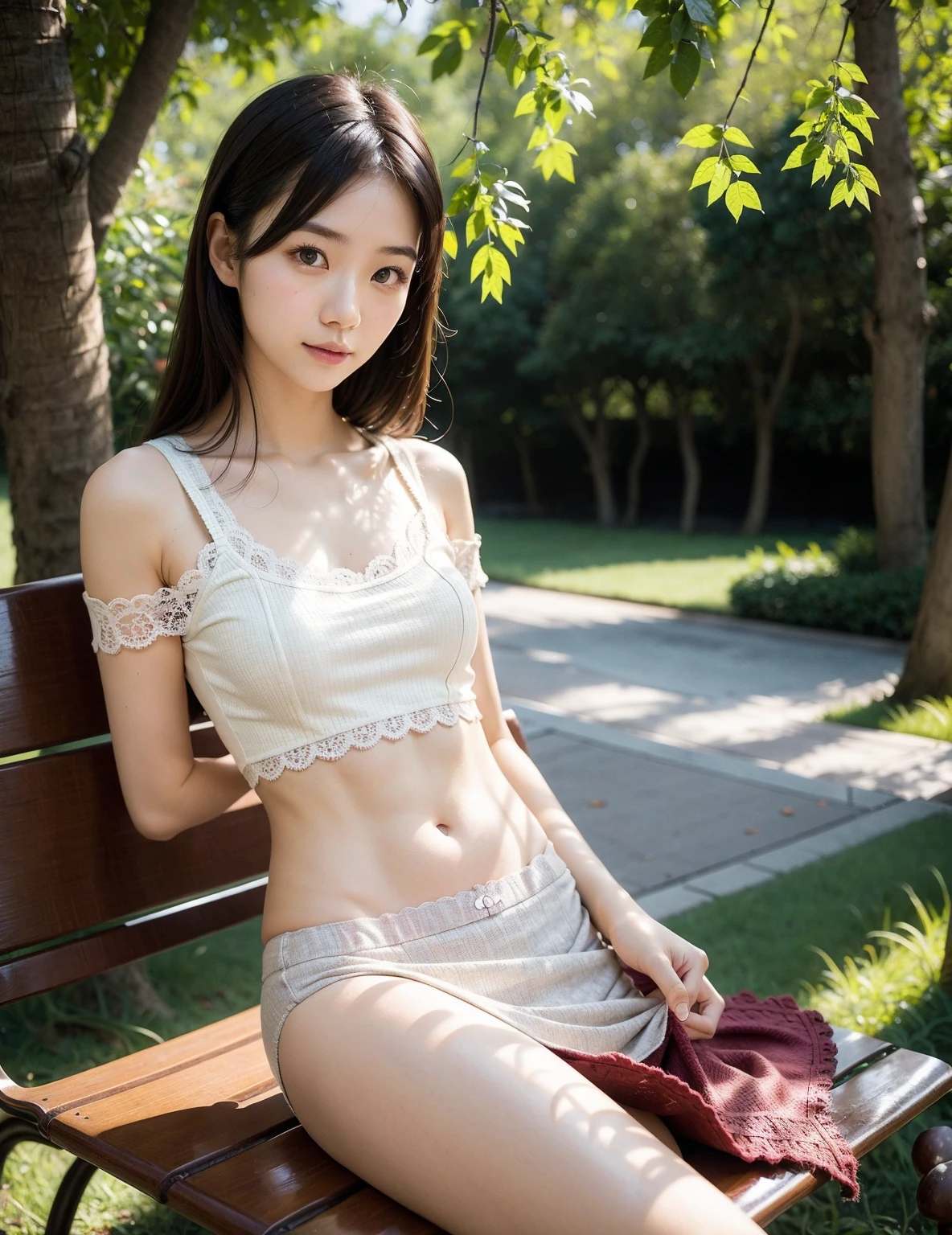 (Best Quality,4K,hight resolution,masutepiece:1.2),girl with (15 years old)、Lace Bra、Lace panties、Ride the swing、a closeup、top of the pendulum、spring city park,Soft lighting,Vibrant colors,Happiness,Welcoming environment,Warmth,poneyTail,Peace and quiet,Excitement and anticipation,Snowy landscape,Enchanted moments,