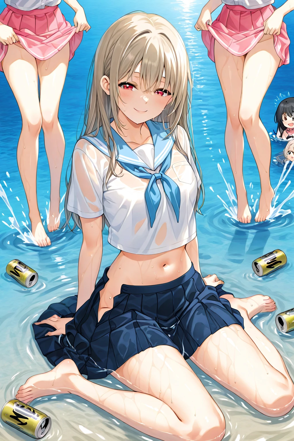 ((masterpiece, highest quality, High resolution, 超High resolution, Pixel Perfect, Written boundary depth, 4k, RTX, human development report))), , beauty、View the whole body、((((looking down at viewer)))), (from below:1.3)，(masterpiece: 1.2, highest quality, masterpiece, Clearer images), (Bright colors), ((Take clear photos even from a distance)), (Multiple Girls), (Harem), (School classmates), (((All school uniforms have the same design))), (((Everyone is wearing the same navy blue skirt))), (((Everyone is wearing a swimsuit of a different color and design.))),((16 years old)), ((prostitution婦)), (On the beautiful beach), (smile)、((youth))，(((Frolicking)))，(cute Japanese((6 girls))), (((infant&#39;Face))), ((Group shot)), (((Group selfie))), Wide-angle, Soft Light、(((Blazer uniform, Checkered pleated skirt，White Shirt)))、(Slightly larger breasts), ((prostitution)), ((viewers love it)), Landscape、(((show panty:1.6)))、((breast grab:1.3)),(((bra lift:1.2)))、 ((Green Eyes, Beautiful eyelashes, Realistic eyes)), ((Detailed face, blush:1.2)), ((Smooth texture:0.75, Vibrant质感:0.65, Vibrant:1.1, Anime CG Style)), Medium breast, Perfect body, Beautiful curves、beautiful legs、thin、smile, (((attractive way to sit))),((Squatting pose)), Aerith Gainsborough, Hair Ribbon, bracelet, brown hair, Side Lock, Parted bangs, Green Eyes, Braid, ((Award-winning design underwear))、(((Everyone wears different colors and designs of underwear.)))，show panty、((((open legs:1.4)))、((breast grab:1.3)),(((bra lift:1.2)))、one eye closed、Stick out your crotch、Detailed depiction of the crotch、(water droplets:1.2)、((Hair fluttering in the wind))，((Hold your hair in your hands))，(Rising Wind:1.5)，