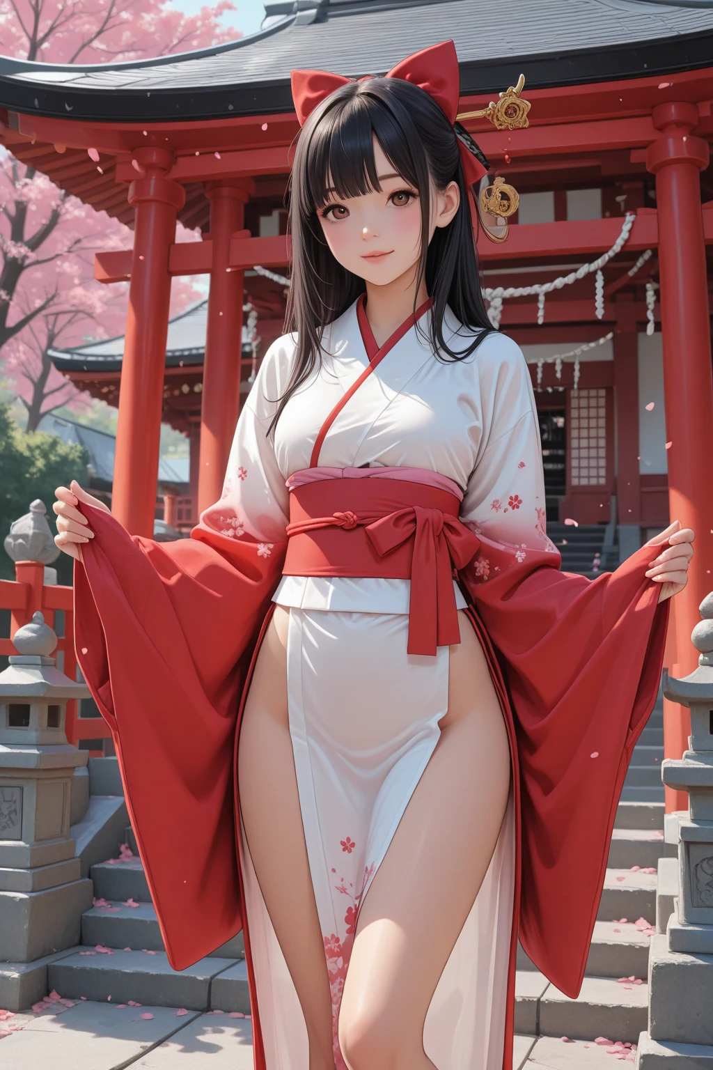 araffe asian woman in a white and red outfit posing for a picture, japanese goddess, anime girl cosplay, , anime cosplay miko sacerdotisa ,semi-transparente clothes ,cosplay, japanese model, full-cosplay, cosplay photo, professional cosplay, micro bikini , , seductive anime girl, japanese woman, traditional beauty . Big breasts .