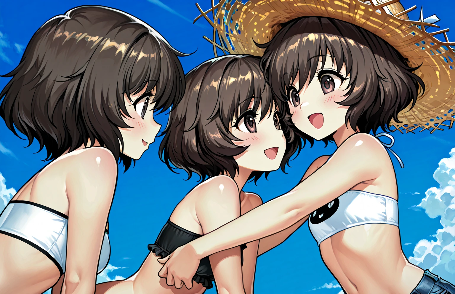 Three_Little_kids , topless , smiling , Black_hair , large_head , red_cheeks , narrow_shoulder , pink_nipples , short_torso , slim_body , navel , blue_sky