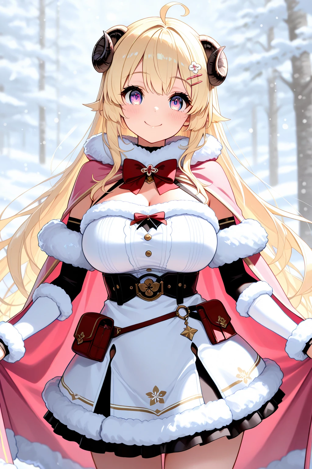 Blonde girl, red eyes, snowy landscape, fluffy clothes, off shoulders, smiling