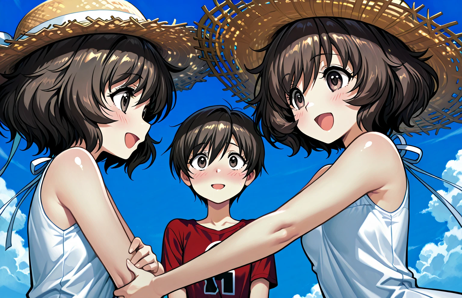 (:1.2),(((asakura minami:1.3))),((masterpiece)),((highest quality)),super detailed,(thin entire outline),enlightenment,,((2girl:1.3)),dutch angle,black hair,medium hair on shoulders,black eyes,small nose,perfect body,beautiful body,beautiful character design,perfect eyes,perfect face,(happy,smile,red cheeks,having fun:1.2),small open mouth,perspiration,wallpaper,ultra high resolution,8k,photo shoot,(beautiful large :1.2),beautiful legs,perfect feet,beautiful skin,fair skin,smooth skin,official style,official art,make a screen cap,outdoor,(summer beach),sunshine,bright lighting,white bikini,(((,protruding ,:1.3))),((wide ,peace sign:1.2)),(relaxing on beach chair:1.3)