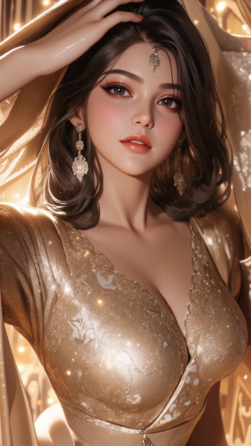 beautiful dark haired woman, pale skin, draped in gold silk bathrobe,