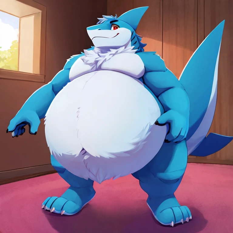 (((detailed eyes, detailed face))), (bara, kii <lora:character_kii_findigo_v2:1>, fish tail, blue body), male, (plump, fat, chubby, overweight), (fundoshi, topless), standing, arms behind back, smile BREAK (konzaburou, ukan_muri, cute), bedroom, (soft shading), 8k, UHD, masterpiece
