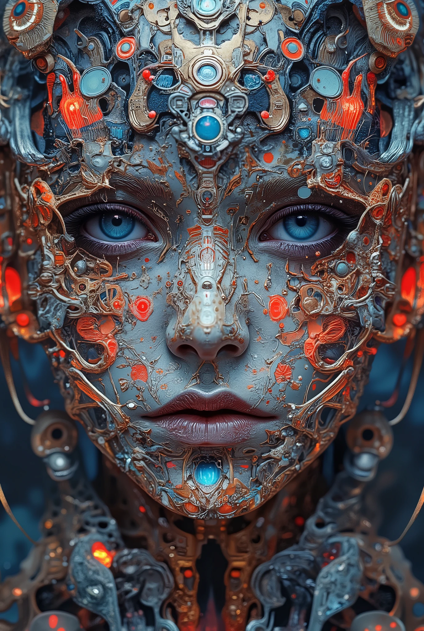Style by Hans Giger, Alfred Kubin, Cyber Gothic, Close-up of a stunning cyber Gothic priestess,superposition, romanticism, art deco, blank stare, wind, Noise, anxiety, colorful, intricate details, professional photo shoot, bright colors, chiaroscuro painting, realistic, over-detailed, over-sharp, colorful
