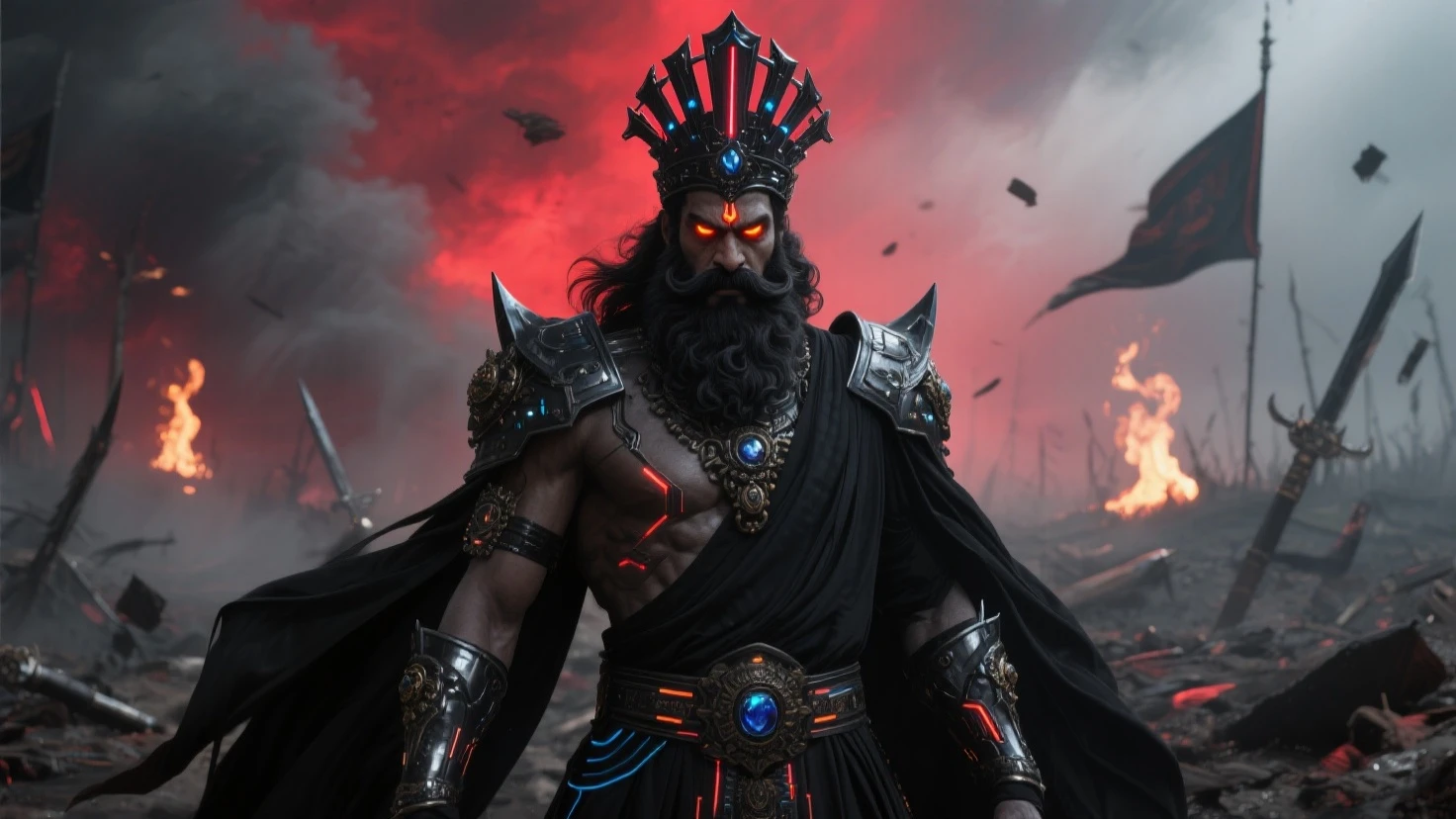 Shiva the indian god , 8k ultra realistic , he is a king and there many kids , many demon's there in front of king , many evil skeleton demon and ghost over there , they are very dengous , skeleton and king with fighting king is cut skeleton demon head with his sword