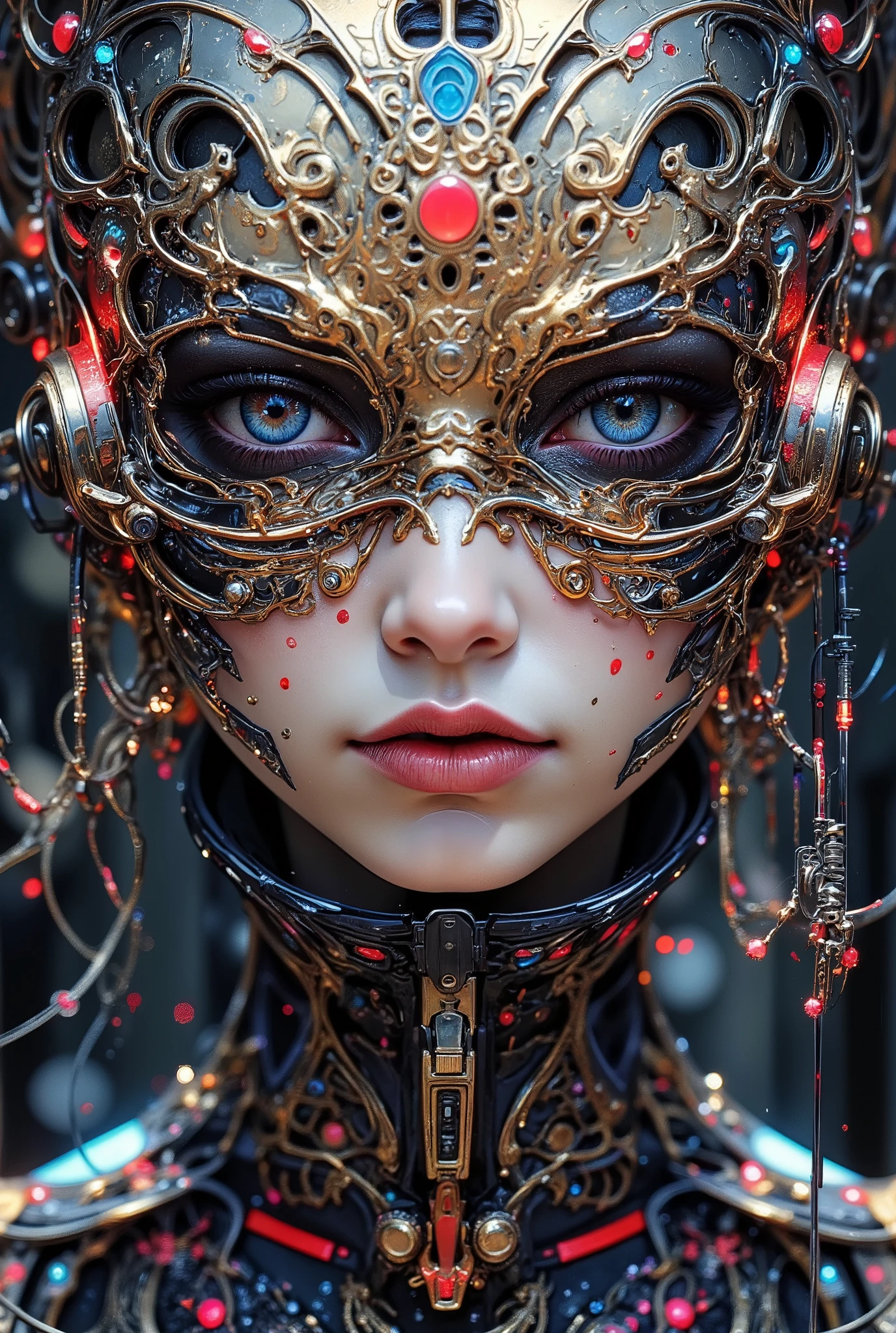Style by Hans Giger, Alfred Kubin, Cyber Gothic, Close-up of a stunning cyber Gothic priestess,superposition, romanticism, art deco, blank stare, wind, Noise, anxiety, colorful, intricate details, professional photo shoot, bright colors, chiaroscuro painting, realistic, over-detailed, over-sharp, colorful