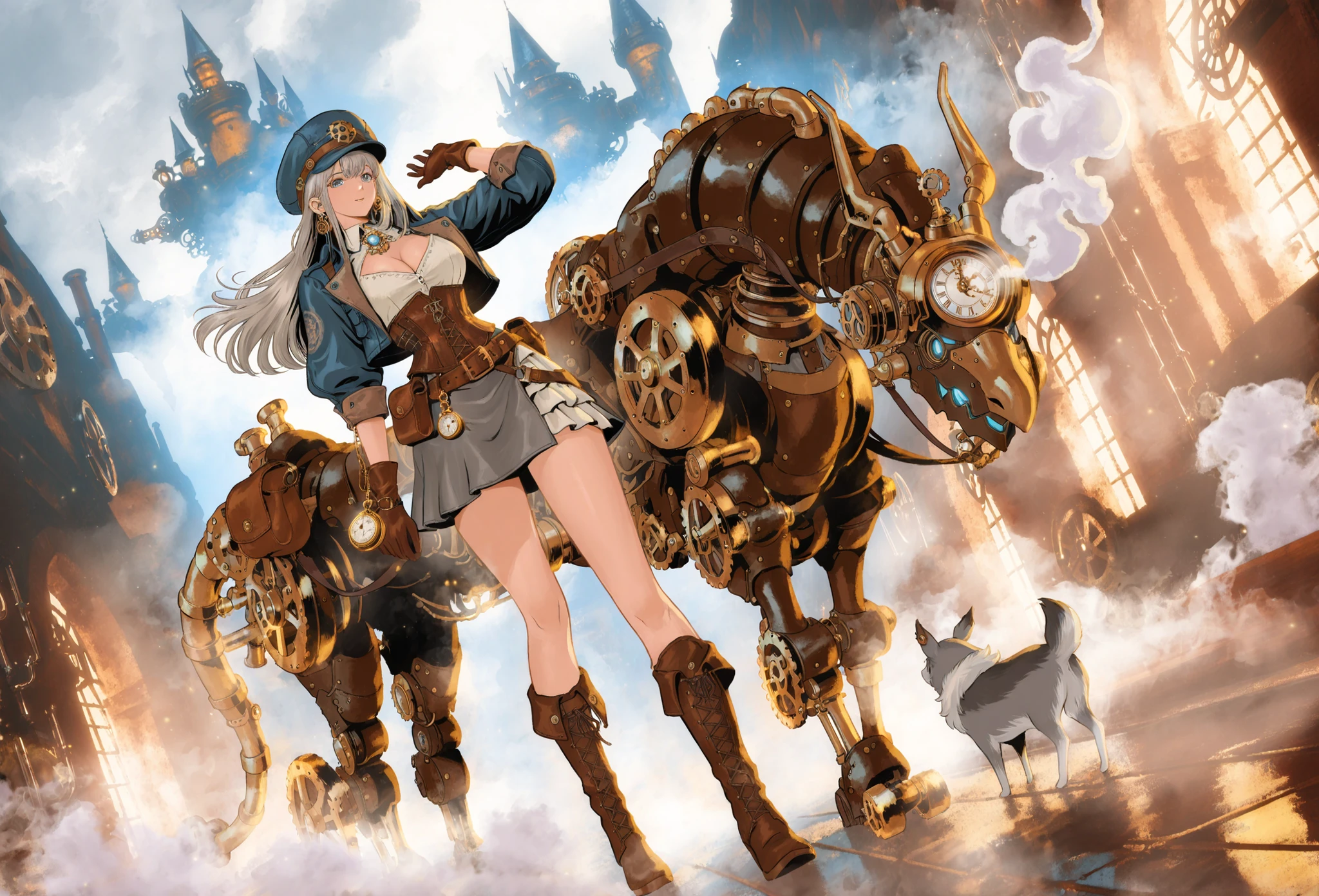 standing next to a steampunk mechanical animal,long hair,slightly random hairstyle,Hair color is golden,A color reminiscent of metal,girl,decorated with metal parts,lens part is amber,Gears and small pipes,cropped cap,leather corset、Best、short jacket,The shirt is a puff sleeve,belt、Pouch、lots of small items such as chains,The skirt has an asymmetrical design and lace、accents,with a small light on the tip,gear earrings,pocket watch pendant,leather gloves and boots,The background is a huge cog with steam rising and a huge mechanical castles,color palette is gray,silver,iron,brass} Metallic colors such as dark gray,white of steam and smoke,steampunk style islands,mechanical Dragons,small animals that move with steam(small animals that move with steam)Feet,grab the cog Is an illustration of a steampunk girl standing next to a steampunk mechanical animal,blue eyes full of curiosity, Very Detailed Line Drawing, full body,James Jean Soft Light 4k, James Jean Softlight 4k, A fantastic anime that feels like a dream, lo-fi anime vibes, Reusch art style, Moebius artwork, Moebius Art, Jean Giraud(Moebius)flashback perspective, Inspired by Mattias Adolfsson, スタイルのJean Giraud・Moebius , ジブリ Moebius, comic book artist Moebius,Playful and vibrant atmosphere, Flat, white illustration style, High Contrast Color, digital art,dutch angle, Cleavage,dynamic pose