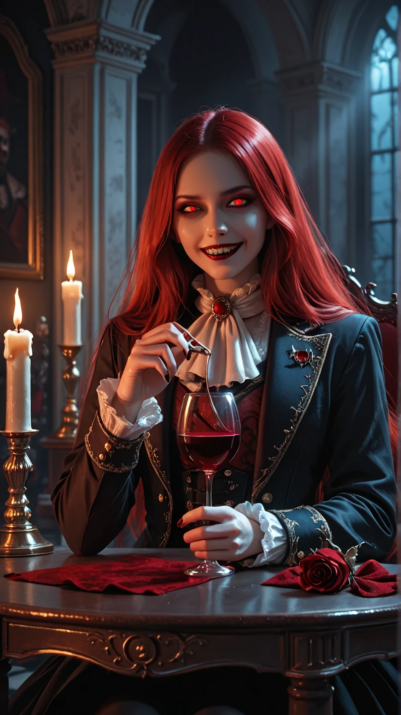realistic photograph of the vampire queen, fangs, pale skin, blood dripping from the mouth, holding a wine glass with blood, (baroque clothes), black hair, in a castle with torches on the wall, (raw,score_8_up),photo, raw,realistic