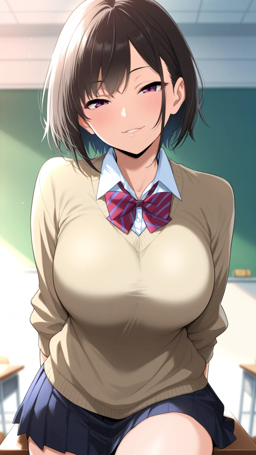 masterpiece, 8K Ultra Clear, High resolution, 20th generation, high school student, school uniform, unbutton, lady, 1 girl, NSFW, sexy, face, redhead, huge breasts, good, show off good, Y-Shirt Lift, nipple slip from good, leaning forward , short wavy hair, redhead, naughty face, angle from below, Focused on face , See through, nipple,