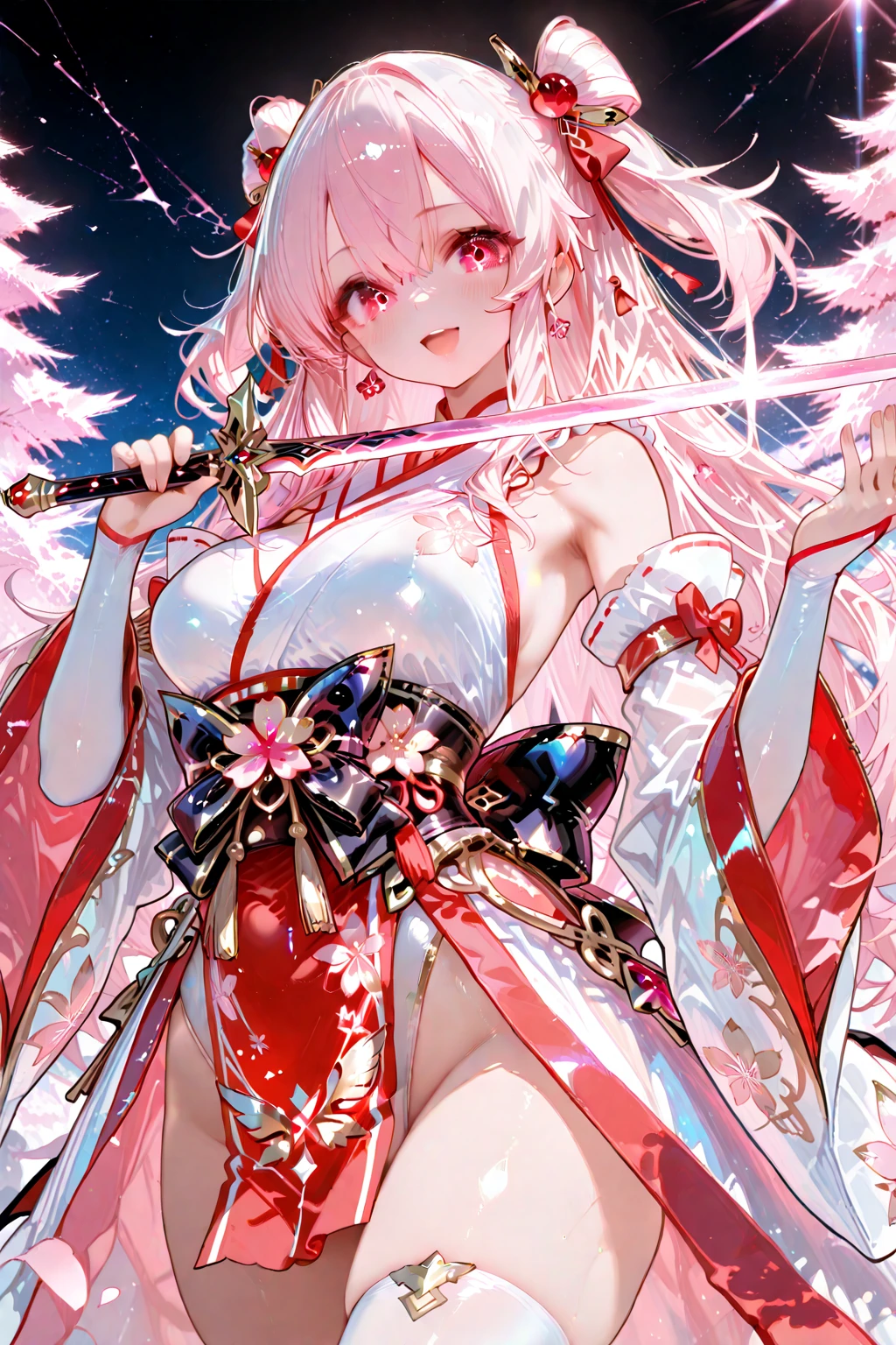 a girl,long pink hair,red eyes,Elf,kimono,Short skirt,Butterfly wings,Sexy,magic circle,combat moves,Ice Magic,ice cube,Rendering,best picture