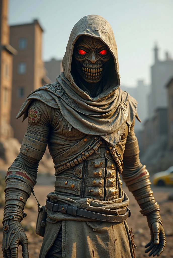 skeleton robot from the video game Kenshi, The Sword of Katana, cloak, gas mask, Dust storm in the desert, Ruins