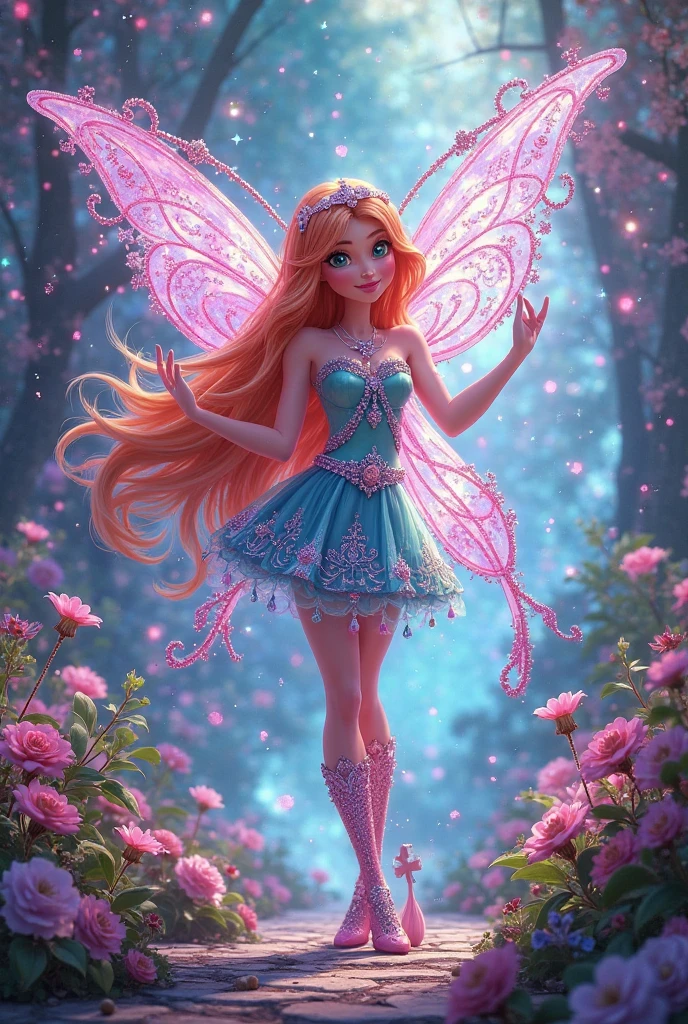 Imagine a charming fairy with bright lilac wings, made of a translucent material that reflects light with a soft glow. She is dressed in a delicate tulle gown that flows like a light cloud., also in lilac tones, sprinkled with tiny dots of glitter that catch and reflect the light, creating a sparkling effect. The combination of tulle and glitter gives an ethereal and magical air to your look., as she seems to float gracefully, wrapped in a soft glow.