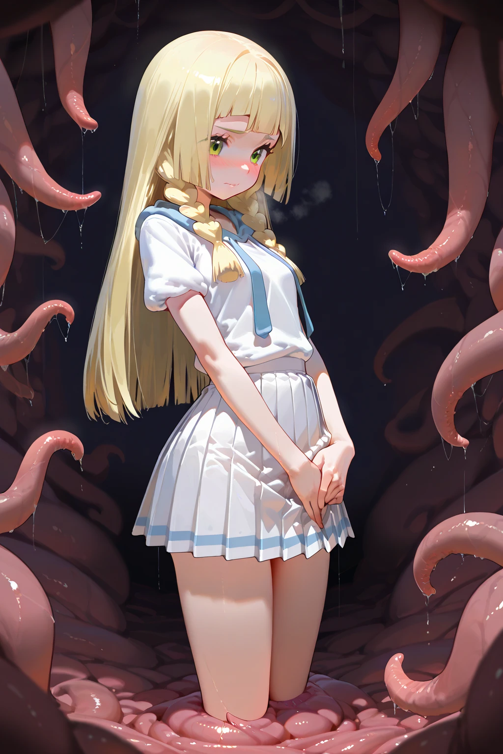 Browsing Caution,(tentacle pit,Arms covered in tentacles,Legs covered with tentacles,A Sailor Warrior transforming heroine with pink lines on white fabric,Shiny ruffle skirt、Metallic Leotard Armor,Sleeveless,Large jeweled waistband and armour,Transformation Heroine Hair Accessories,Torn white transforming heroine thigh-high socks,A big red ribbon and a big jeweled brooch,Shining white heroine costume,Tight transforming heroine gloves:1.5),(Men and women having sex,A transforming heroine gets raped:1.5), (vagina,penis:1.5),(Wide-open legs,Wide open arms,A girl with her limbs buried in a wall of tentacles,Arms and legs stretched out:1.5),(tentacles surrounding the girl,His arms are covered in tentacles up to his shoulders,Her legs are covered in tentacles up to her thighs,Tentacles bind limbs,Massive bukkake,Go down:1.3),belly button, (Girls are angry,Open your mouth:1.3),Sweat,Love Juice, (Petite Girls,young,thin,Very small breasts:1.5),Blonde twin tails,underground,Perfect Face, Perfect Anatomy,(Cowboy Shot:1.5),(vaginaから溢れる:1.2)