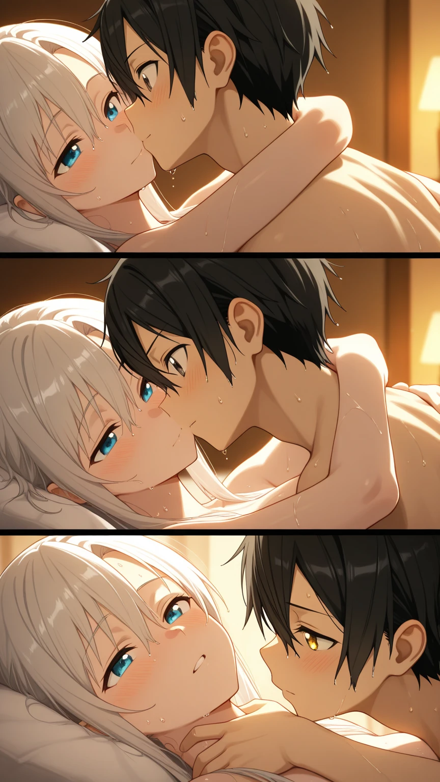Girl with long light blue hair having anal sex with boyfriend in bed filled with rose petals on valentine day, guy with messy wavy hair, guy with black hair, adult, nude, medium sized breast, kissing
