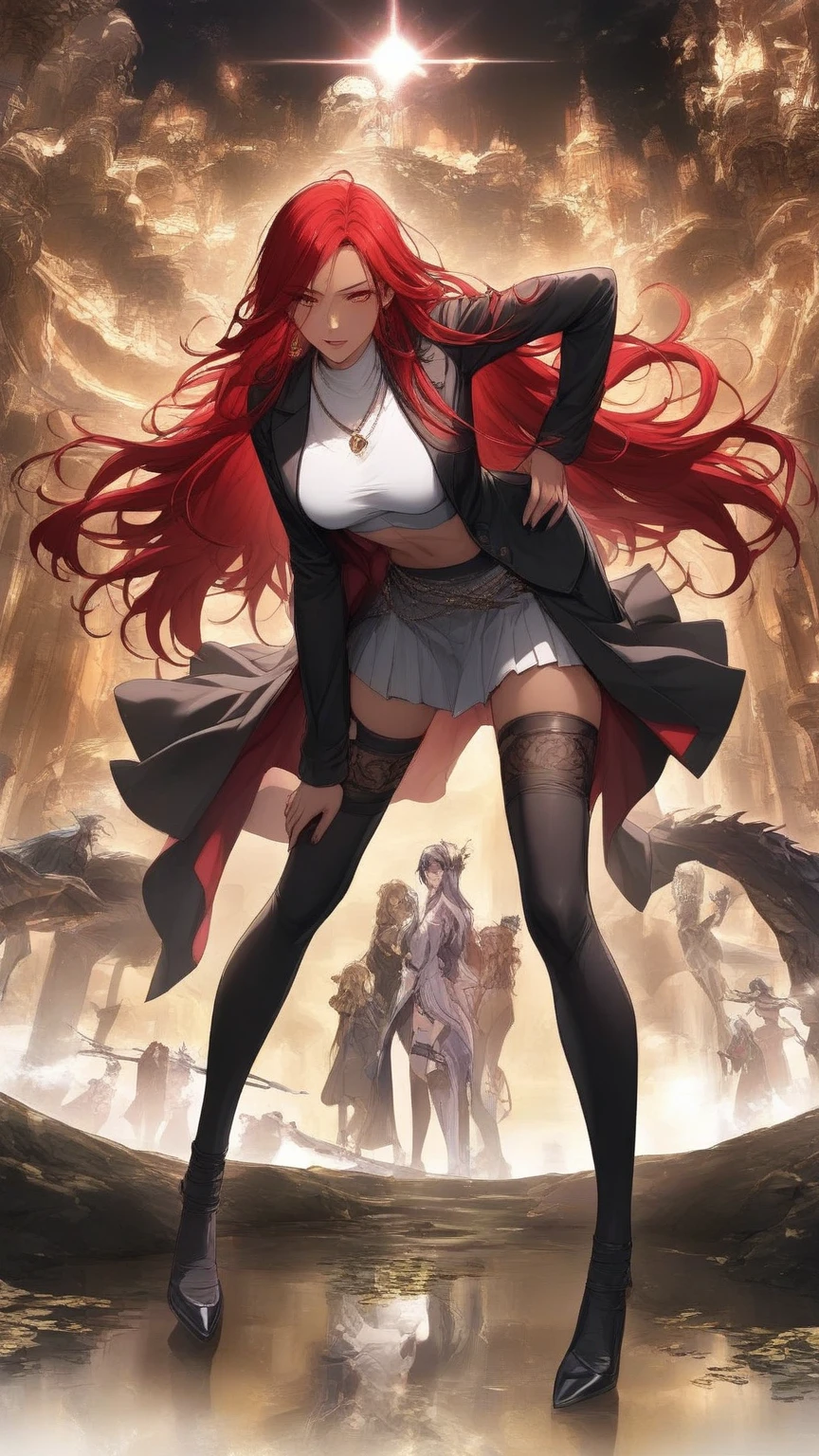anime girl with red hair and black outfit standing in a castle, trending on artstation pixiv, by Yang J, guweiz on pixiv artstation, guweiz on artstation pixiv, cushart krenz key art feminine, wlop and sakimichan, artgerm on artstation pixiv, from arknights, shadow knights at the background, skeletons at the background