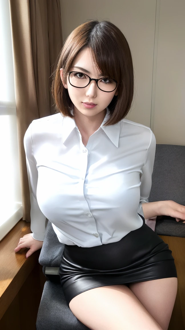 masterpiece, highest quality, Are standing,Brown Hair,Upper Body, (((White collared shirt))), Black Skirt, Pencil Skirt, , View Viewer, , classroom, ,(((Nipples sticking out from between clothes))),(((Small Boobs))),(((take off your clothes、Put your out)))、smile、Sexy female teacher、Round Glasses