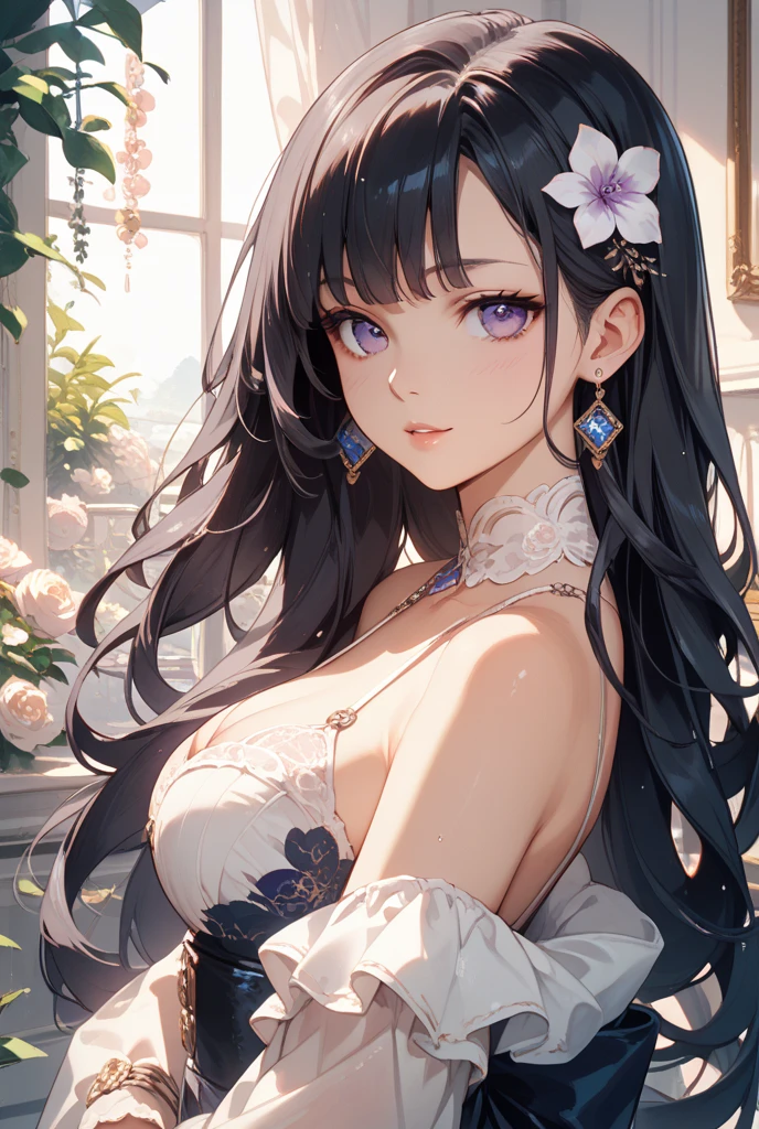 8k, super detail, best quality, masterpiece，1girl, long hair, solo, jewelry, earrings, flower, breasts, closed eyes, dress, very long hair, black hair, long sleeves, holding, hair ornament, simple background, collarbone, closed mouth, mature female,bad-girl， medium breasts,cleavage, holding flower, grey background, (((see-through))), rose, eyelashes, blue flower, cowboy shot, light particles, black flower，
