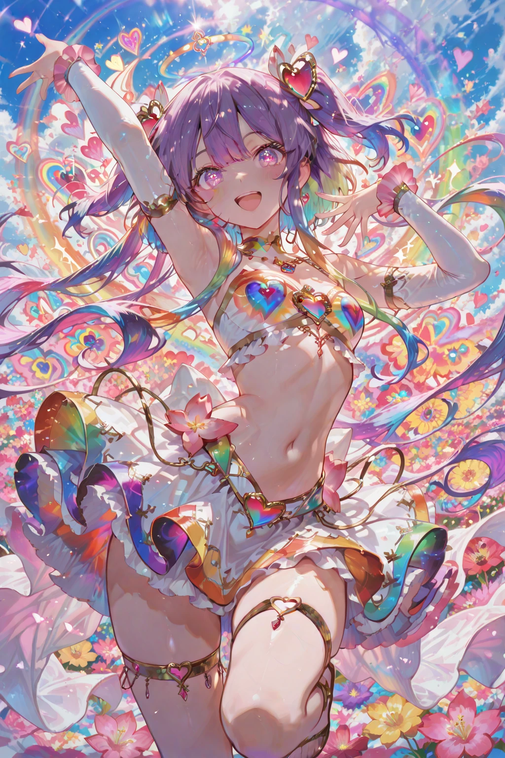 Highest quality ,One girl,alone,View your viewers,smile,White background only,whole body,From the side,One knee,,Look to the side、white background only,A leotard with glittering embellishments,tight-fitting leotard,Floral/Rainbow gradient leotard,slim, Beautiful Eyes,軽いsmile,、No background(Little),(Littleキャラ)