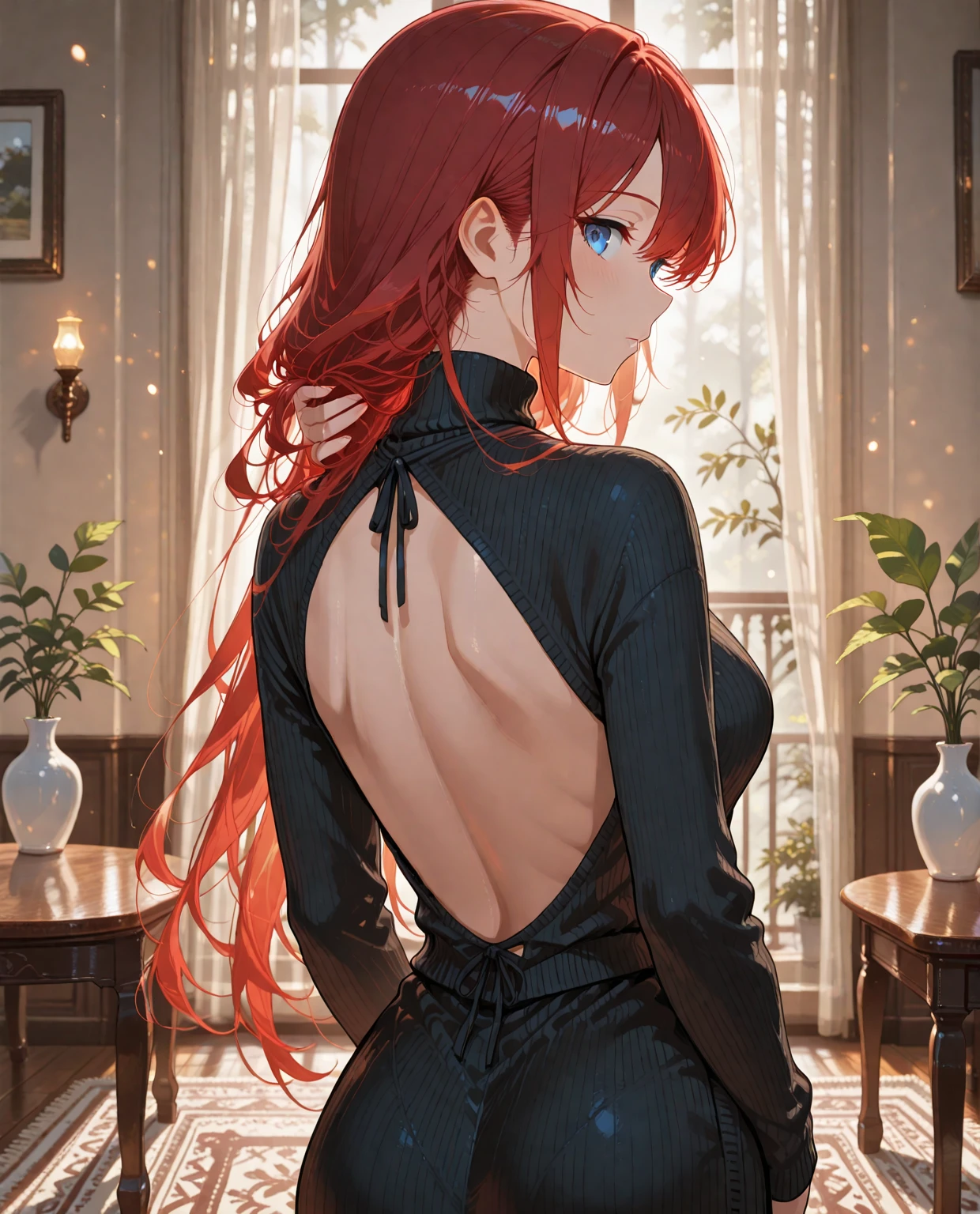 1 woman, (((((UHD))))), (((((masterpiece))))), ((((super detail)))), high details, ((((high quality)))), ((((best quality)))), (((highres))), ((((16k)))), ((Shadows)), red hair, hair over shoulder, side swept bangs, (Black Sleeveless Lace Up Bodycon Mini Dress), heart-shaped pupils, one eye closed, sparkling eyes, ((big beautiful light blue eyes)), crystal earrings, grin, bright pupils, (evil smile), natural lips, light blush, cheek-to-cheek, sparkle, god rays, backlighting, reflection light, bloom, dutch angle, perspective, from above, from behind, beautiful ass, ((fat ass)), ((defined jawline))