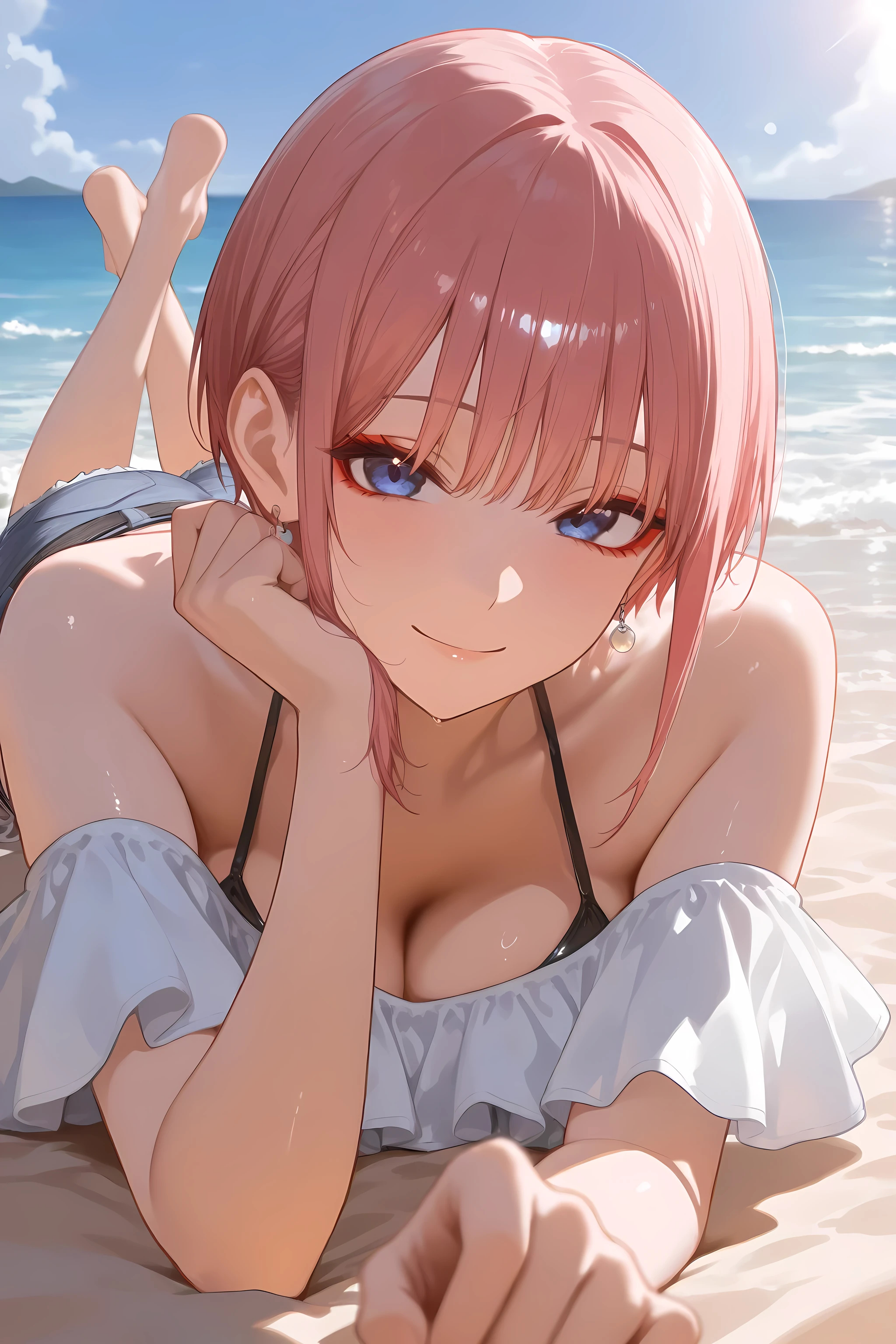 (Highest quality, 4K, 8k, High resolution, masterpiece:1.2), Very detailed, Picturesque, Animated Photography, Photo Animation:1.37)、A Japanese highschoolgirl、(Pink Hair)、(Pixie Cut)、in a beach、bikini、(bikini color:random)、black cheokr、Ecstasy face、trembling、Sweat、Drooling、crying、Wet Hair、Full body photography、(((Splash)))、Nakano ichika