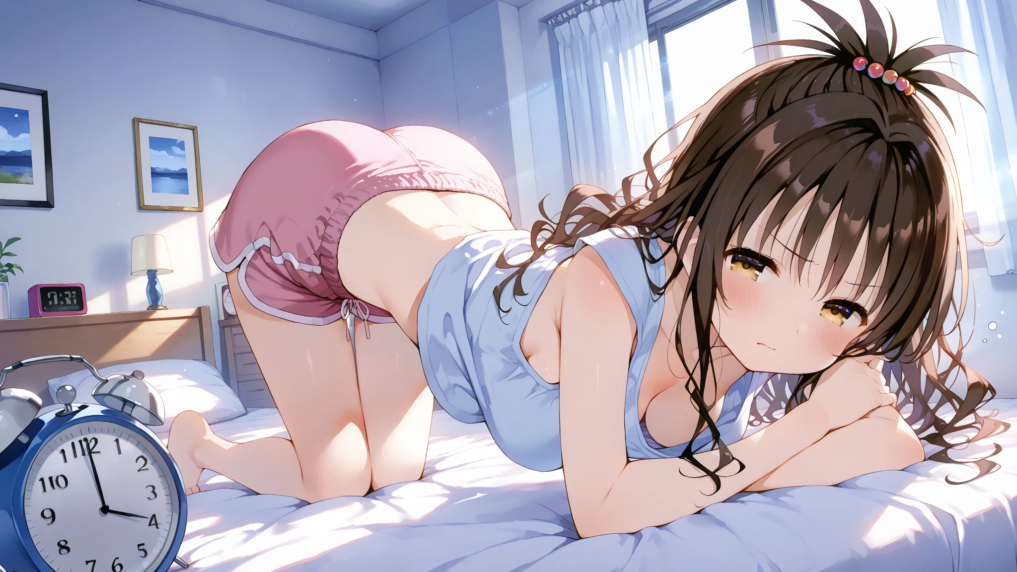 1 girl, bob, center part, forehead, brown hair, piercing, brown eyes, blush, embarrassed,
BREAK (masterpiece), (high resolution 8K), detailed eyes and face, detailed body, 
BREAK  panties, bedroom, on the bed, from back, ass focus, all fours, 