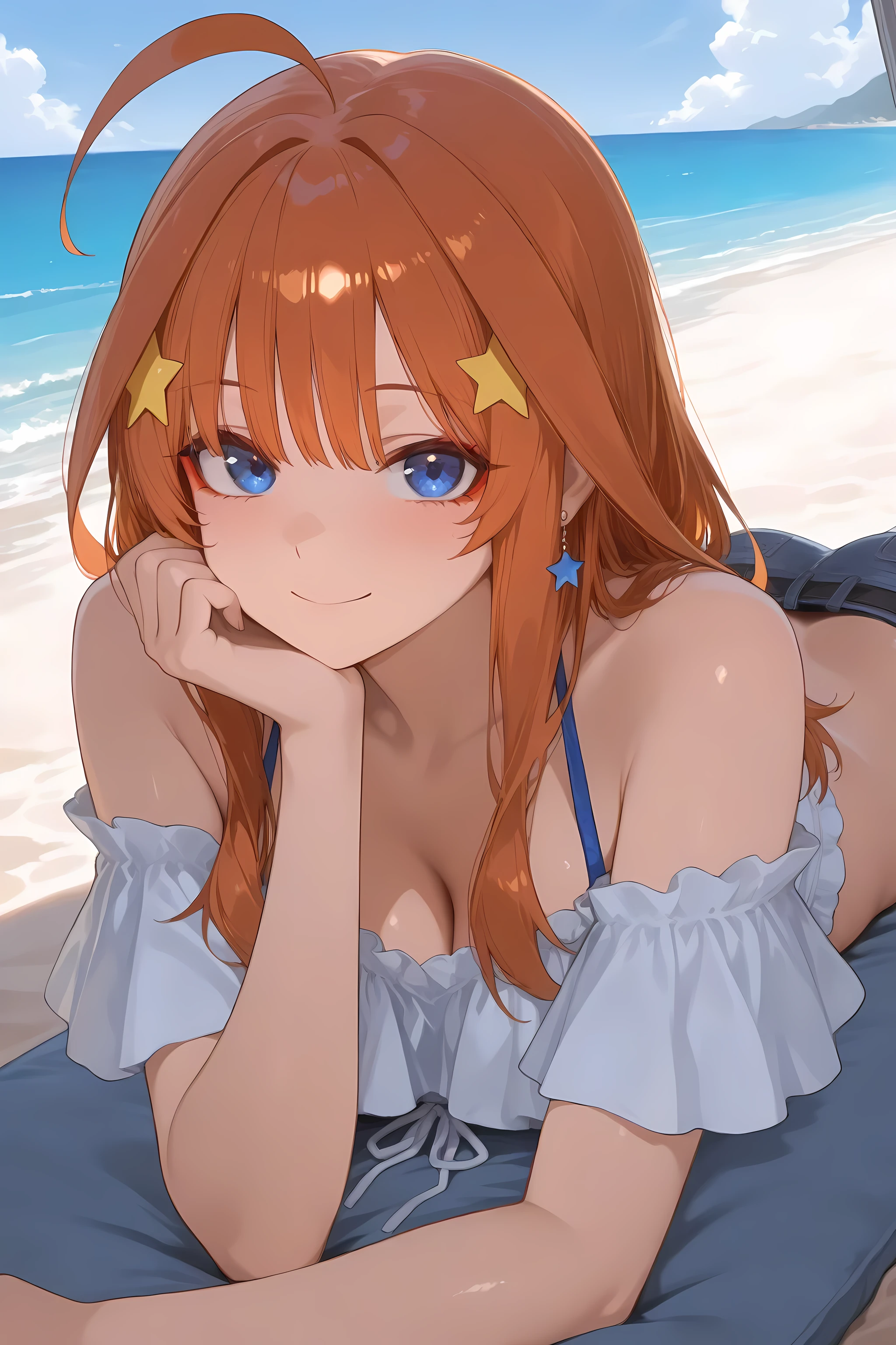 itsukinakano, Itsuki Nakano, bangs, blue eyes, hair between eyes, Ahoge, redhead, star \(symbol\), hair ornaments, star hair ornaments,blush,smiling straw hat,(beach salon), (beautiful big breasts:1.3), ((salon)), beach outfit, (great laugh:1.1), (open your mouth:1.1), (wide open eyes:1.2), glare of the sun, Bokeh, Depth of the bounds written, blurred background, particles of light, strong wind, (heart particles:1.1)
break outdoors, sandy beach,beach,
break (masterpiece:1.2), highest quality, High resolution, unity 8k wallpaper, (figure:0.8), (detailed and beautiful eyes:1.6), highly detailed face, perfect lighting, Very detailed CG, (perfect hands, perfect anatomy),