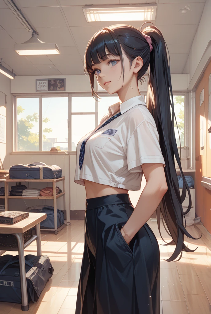 Best quality, ultra-detailed, 1 girl, black hair, two braids, blue eyes, glasses, mother, thong, skirt, Background room with computer, dynamic pose