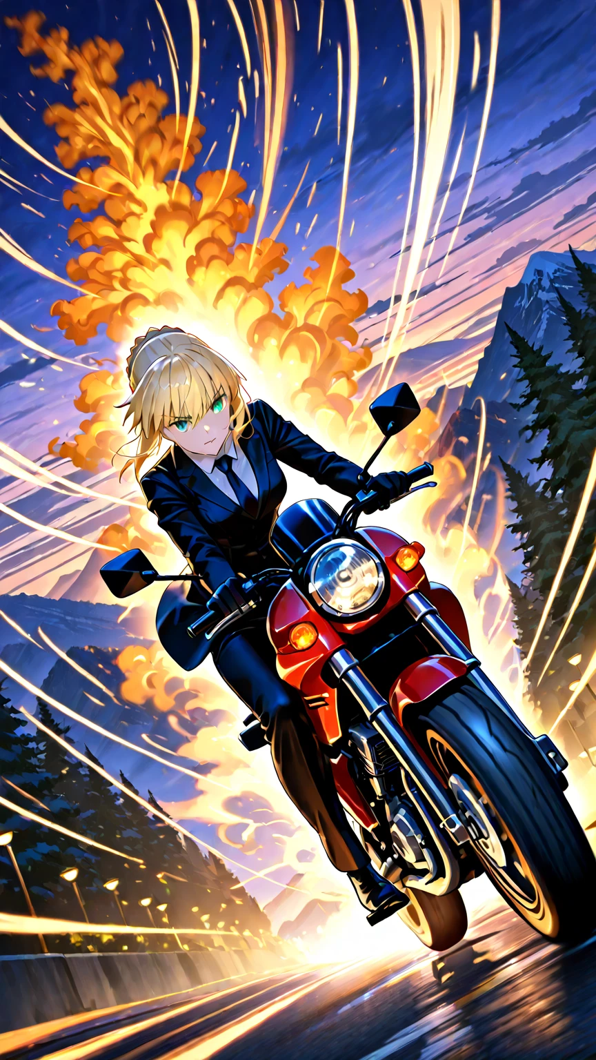 Golden hair, golden eyes, woman, cruiser motorcycle, big chest, motorcycle goggles, happy, big smile, dirty, burning city at night, zombie apocalypse, black streetwear, speeding, highly detailed, perfect eyes, perfect hands, highly detailed eyes