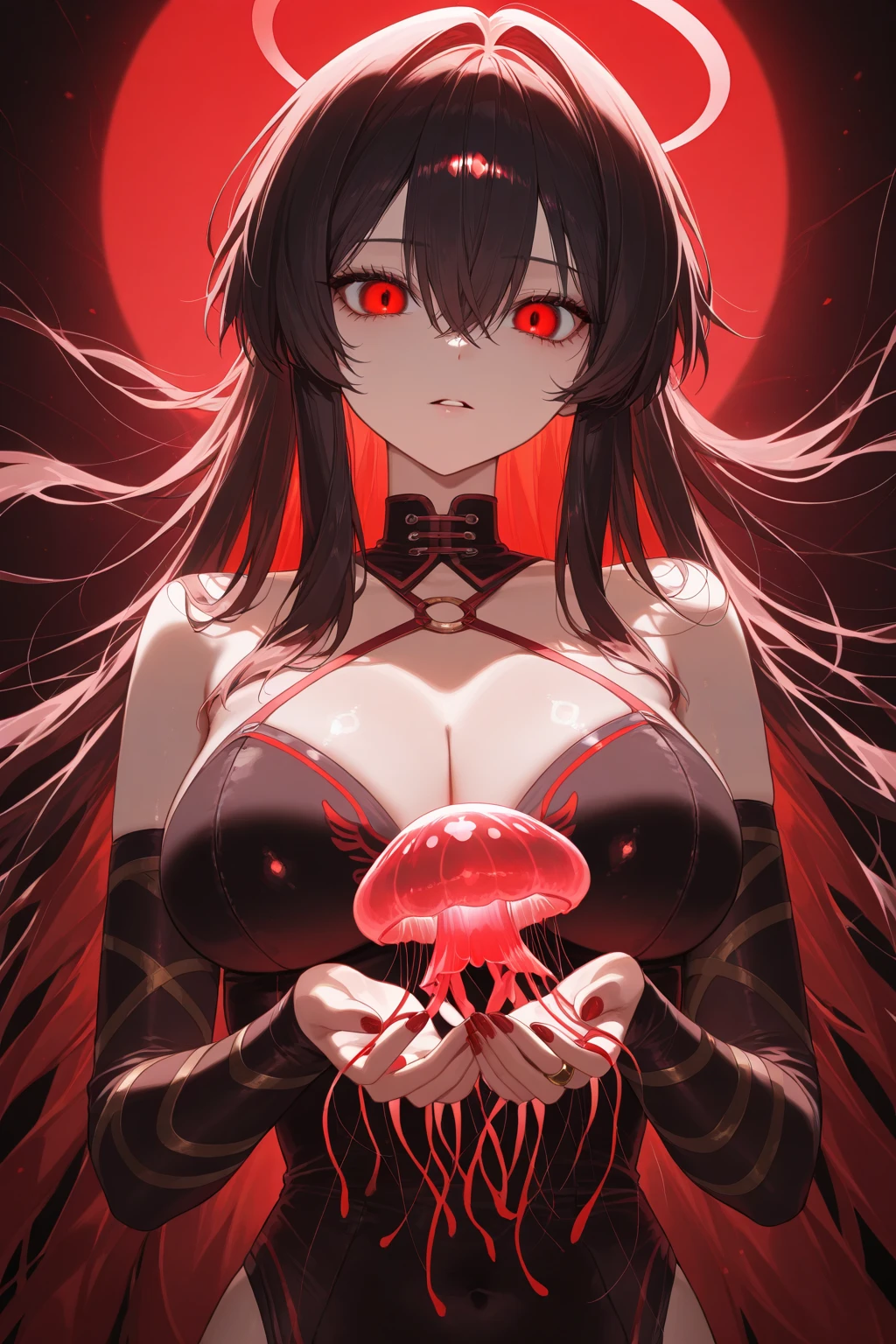 masterpiece, Score_9, Score_8_up, Score_7_up, front view, 1 woman, alone, black hair with red, long hair, parted bangs, dark red eyes, half-closed eyes, parted lips, expressionless, pale skin, large breasts, body suit, black bottom, best quality, horns up, long open bangs, black sleeveless shirt, black V-neck, red baggy pants, high heels, jibaku shounen Hanako kun
