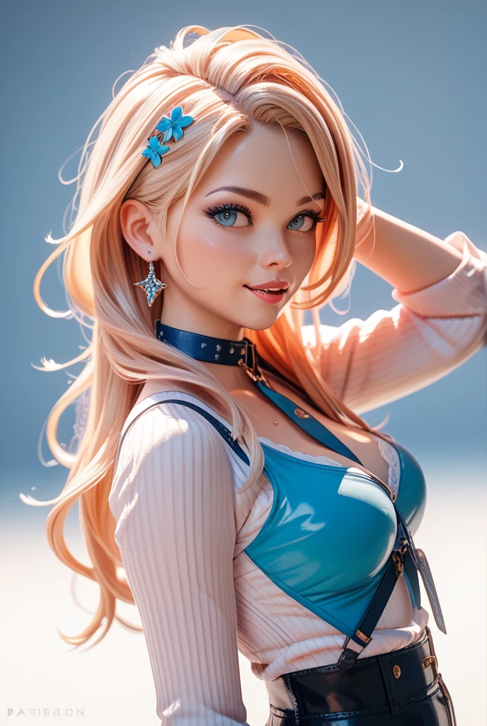 1girl, blonde hair, eyelashes, hair over one eye, blue eyes, big lips, ultra-detailed, high quality, highres, absurdres, best quality, best quality, large breasts, blurry background, evil smile, long hair, bright pupils, seductive smile, shiny skin, tall female, colored skin, pink lips, backlighting, outdoors, extremely detailed, original, glitter, shiny skin, shiny, full body, looking down, looking at viewer, full body