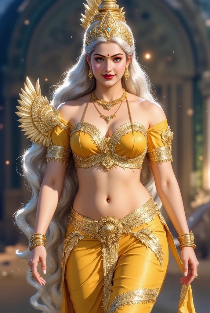 pavna, a 50-year-old indian ifbb, dark skinned, white hair, thick lips, wearing a iridescent sheer skirt and a shiny gold bra 