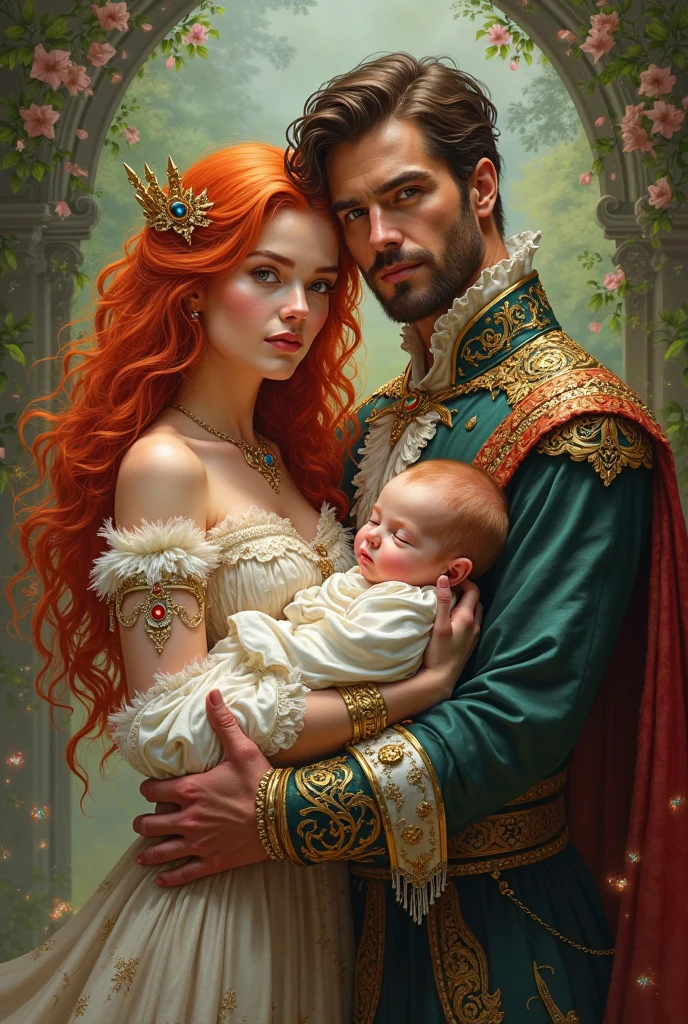 beautiful woman with long pink hair and hazel eyes and handsome man with neck-length messy black hair, dark eyes, holding twin babies with black hair. All of them are clad in regal black as the primary color and red embroidery. Medieval setting