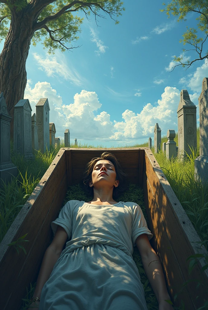 Man waiting for his death in coffin, under the blue sky