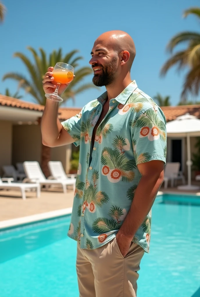 a man, thin, dark-skinned indigenous type, Latino, short black hair, large gray beard, 45 years old, short-sleeved button-down shirt with a colorful vintage tropical print with lots of flowers, surfer shorts. having a drink on the beach. sunny day, warm tones, image and whole body