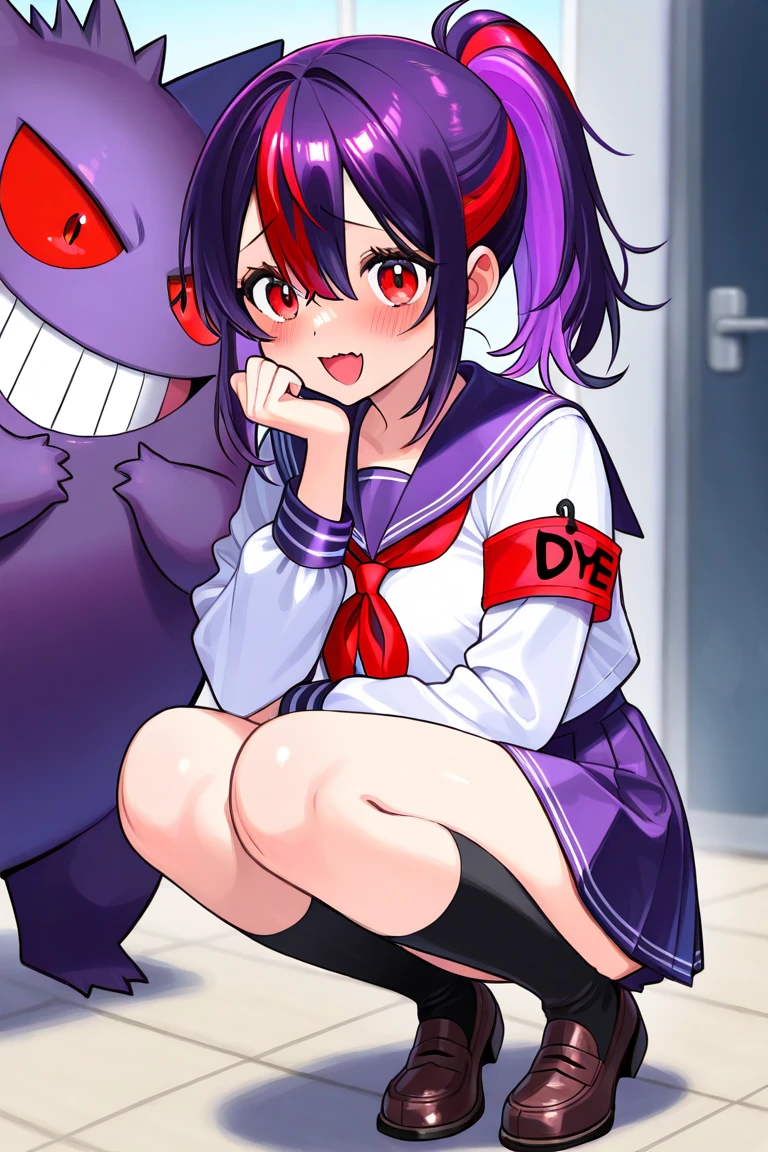 highres,detailed,best quality,masterpiece,illustration,1girl, solo, short hair, purple hair, blush, red bow, hair bow, dress, holding stuffed toy, purple tentacles under clothes, thigh strap, purple tentacles,