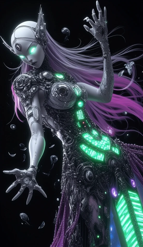 (Cyber Witch flying in a hurricane and tsunami), various sailboats, fish shells, starfish are swept into the vortex of a huge wave; Cyber Witch's wildly dancing long hair, glowing white eyes, she is a perfect fusion of astounding inhuman beauty and haunted, somber paranormal/technological horror, deep black indigo and violet, contrasting neon pinks, fluorescent greens, electronic blues, liquid metal, glowing circuits, shattered holographic material collisions, delicate figures contrasting with exposed mechanical structures, simple anime lines, electric hues, this iconic girl has been reimagined with exaggerated anime eyes, her hood is now transformed into a flowing mechanical structure, simple anime lines, electric hues. The contrast between the delicate figure and the exposed mechanics, the mist swirls, evades or condenses unnaturally around her. With clean anime lines and electrifying hues, the iconic girl is reimagined with exaggerated anime eyes, and her headband is now a flowing holographic material that shifts in and out of neon colors. The pearl earring becomes a glowing electronic implant that casts a soft glow on her delicate anime face. Her costume blends 17th-century fashion and futuristic armor with modern animated elements set in Vermeer's light-strewn cyberpunk cityscape.