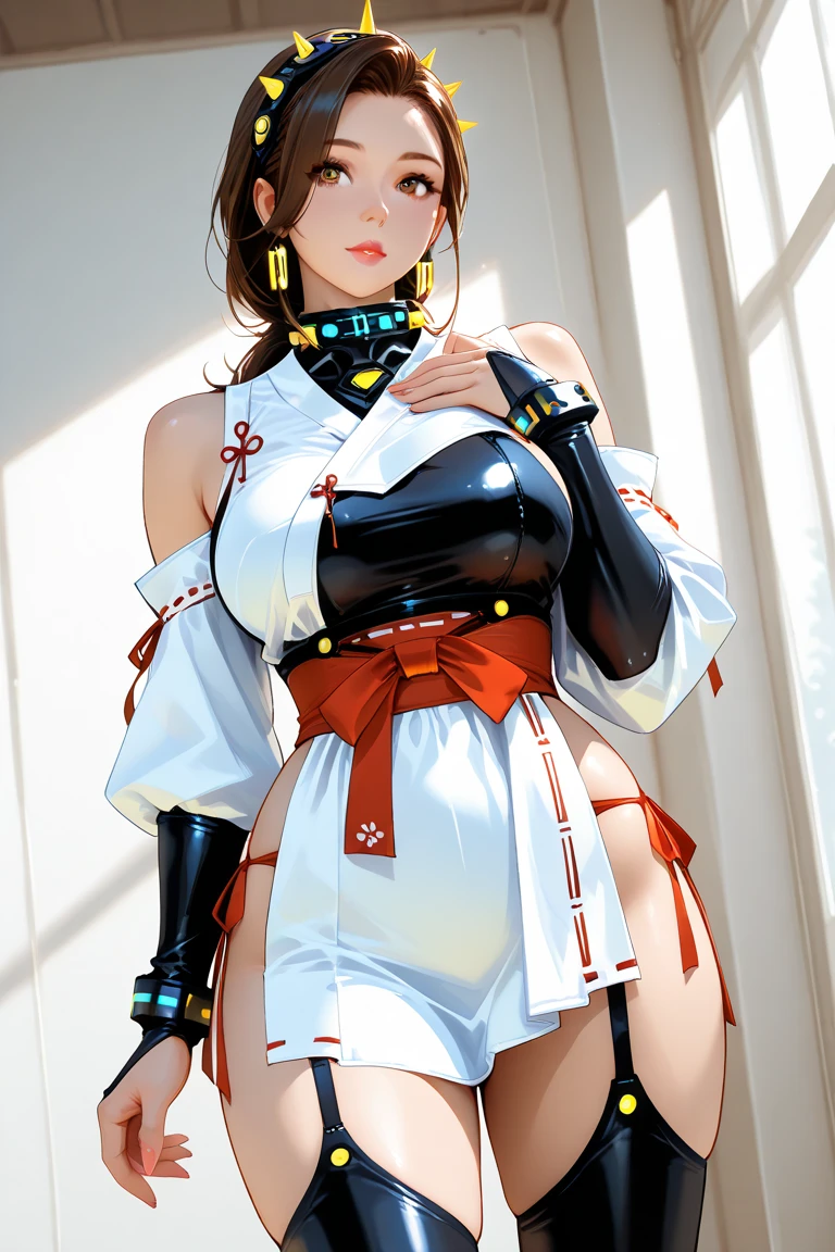 Masterpiece, Beautiful art, professional artist, 8k, art style by sciamano240, detailed body, Very detailed face, very detailed eyes, Detailed clothing, detailed fabric, Best Quality, better resolution, 1 Mexican soldier, brown eyes seen from behind, perfect ass, standing, big breasts, serious expression, At night , long brown hair, choker:1.6, black gloves that cover your hands, holding a gun in his hand, (bright green and brown leggings), looking at the viewer, Dark City, Atmosphere, fog, At night