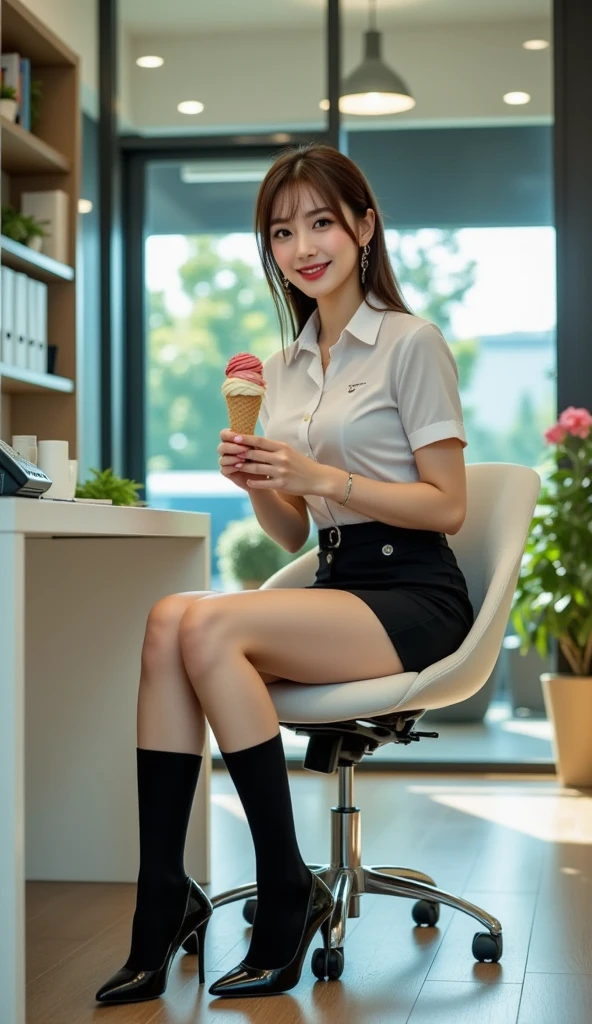 Japanese,office, Tight sleeveless shirt,Sexy expression,Sexy look,Emphasizes the chest,skirt,sadistic,Legs crossed,Sharp eyes,My perspective,lure,30th Generation,Nipples,Black Hair.Small breast size, Small eyes,Clear shirt,Leaking,Black Hairロングヘアー,Female CEO,Have a luxury bag,Buttoned shirt,Wear glasses,Arms raised to show armpits,Eating ice cream