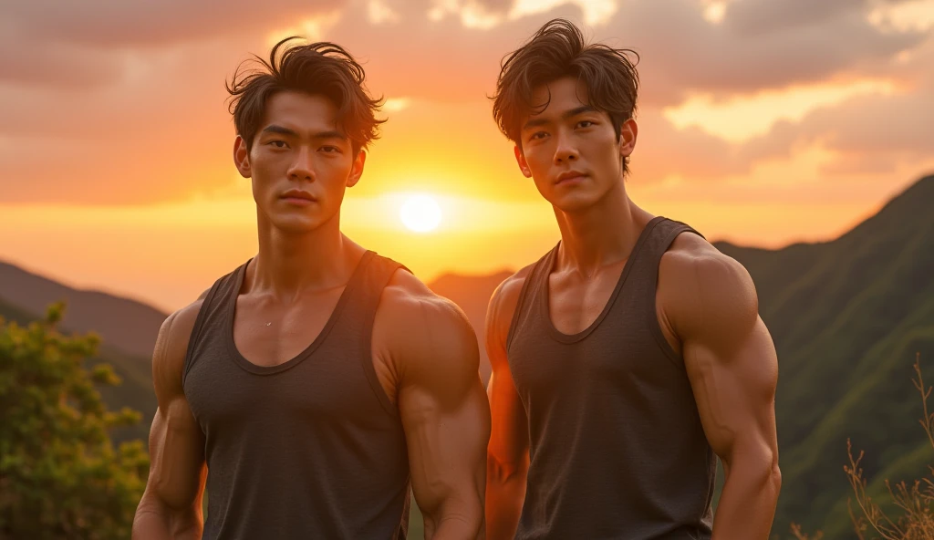 two men with no shirts standing next to each other in front of a sunflower, three futuristic princes, artgerm and genzoman, muscular! fantasy, rossdraws 1. 0, rossdraws 2. 5, :: rossdraws, highly detailed exquisite fanart, artgerm and rossdraws, the three suns, coronation of the flower prince