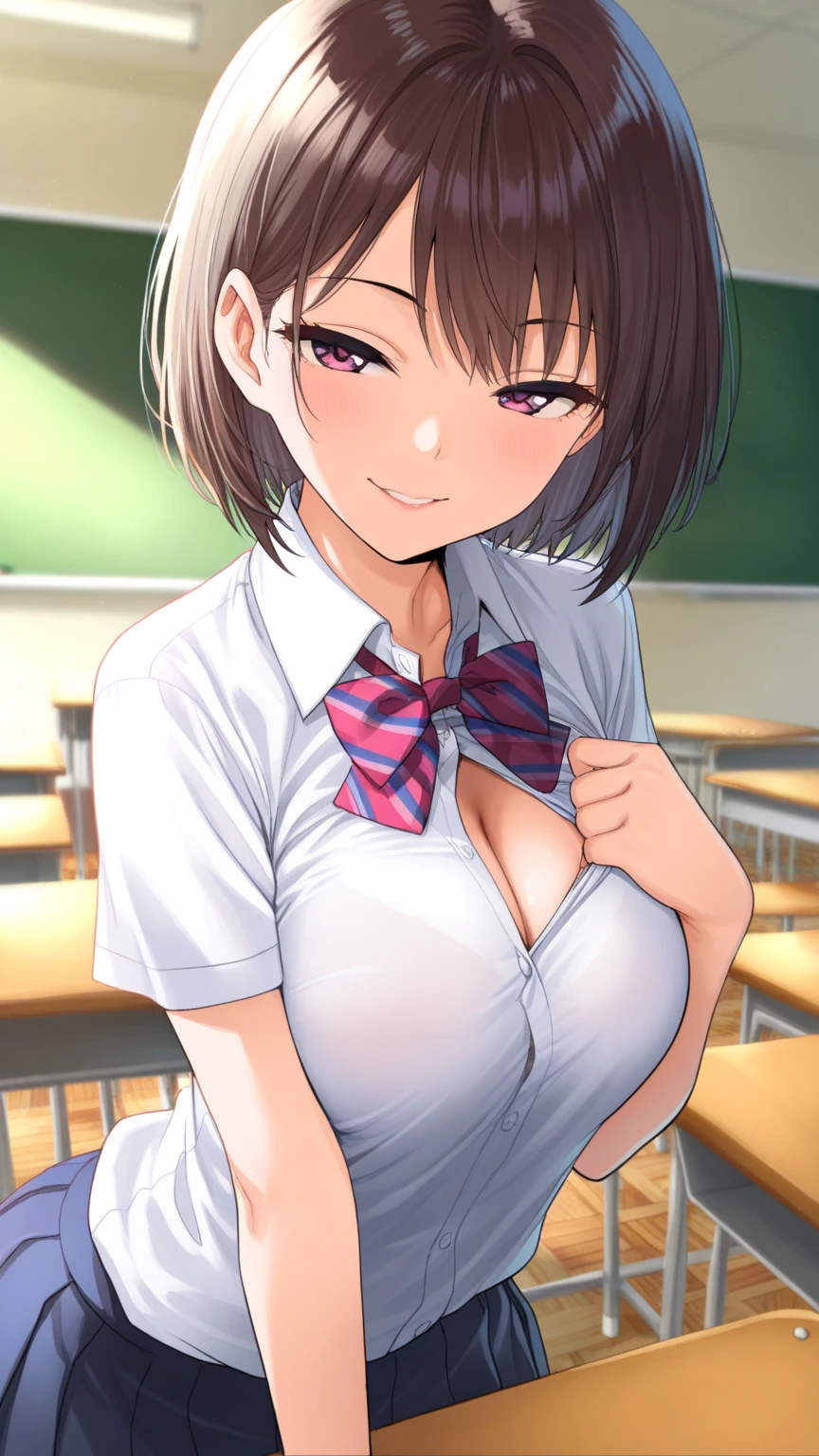 ((Tabletop, highest quality, High resolution, Pixel Perfect, 4K))), One Girl, beauty、The whole body is visible、 ((Mid-wave hair, bangs, Brown Hair)), ((Brown eyes, Beautiful eyelashes, Realistic eyes)), ((Detailed face, Blushing:1.2)), ((Smooth texture:0.75, Realistic texture:0.65, Realistic:1.1, Anime CG Style)), Center of chest, Dynamic Angle, Perfect body, ((NSFW)), classroom、Looking up from below、Very embarrassing panic smile, 、、( Exposing your buttocks....................)、My whole body is wet,???????、Titty fuck
