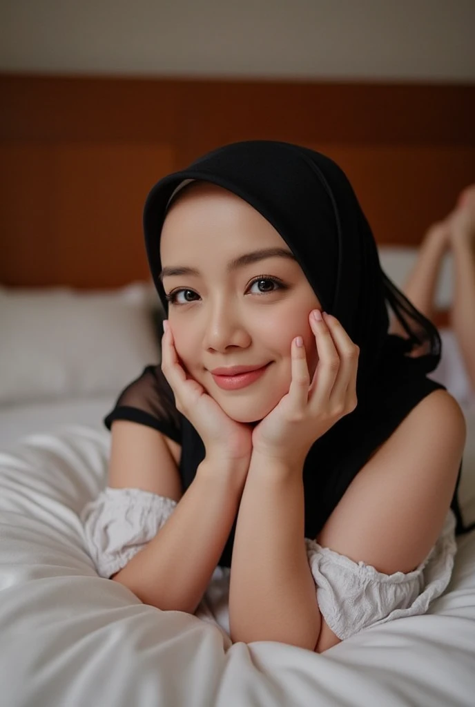 NSFW (masterpiece, top quality, best quality, extreme detailed, colorful, highest detailed, Dreamy Atmosphere, Bright color, real photo, real skin. Hyper realistic, 1girl, Malaysia young girl, ((wearing hijab)), fair skin looking sharp to the viewer, detailed skin, city street background, slender body, lie down above view on a hotel's bed, ((spreading legs M-legs position:1.5)), (showing pussy). morning time, big breasts. She's not wearing anything ((naked)) freely pose, soft front studio lighting, whole body, missionary position