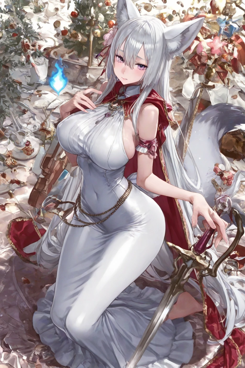 Long white hair，Red eyes，Sexy Sheer Colonial Dress, Perfect body, Clear chest, Well-defined collarbone, Surreal, lifelike, detailed, Perky transparent nipples, Wet clothes(whole body:1.1),cross，Holy，best quality，Large Breasts，Big Ass，No underwear。Gorgeous church background with extreme details