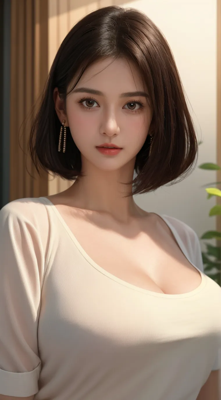 (highest quality, 8k, 32k, masterpiece, Ultra-high resolution:1.2),Beautiful Japanese Women Photos, Large Breasts, Very short bob hair,Upper Body,Face Focus,Extra Large_sweater, necklace, Simple Background, From above, View your viewers,