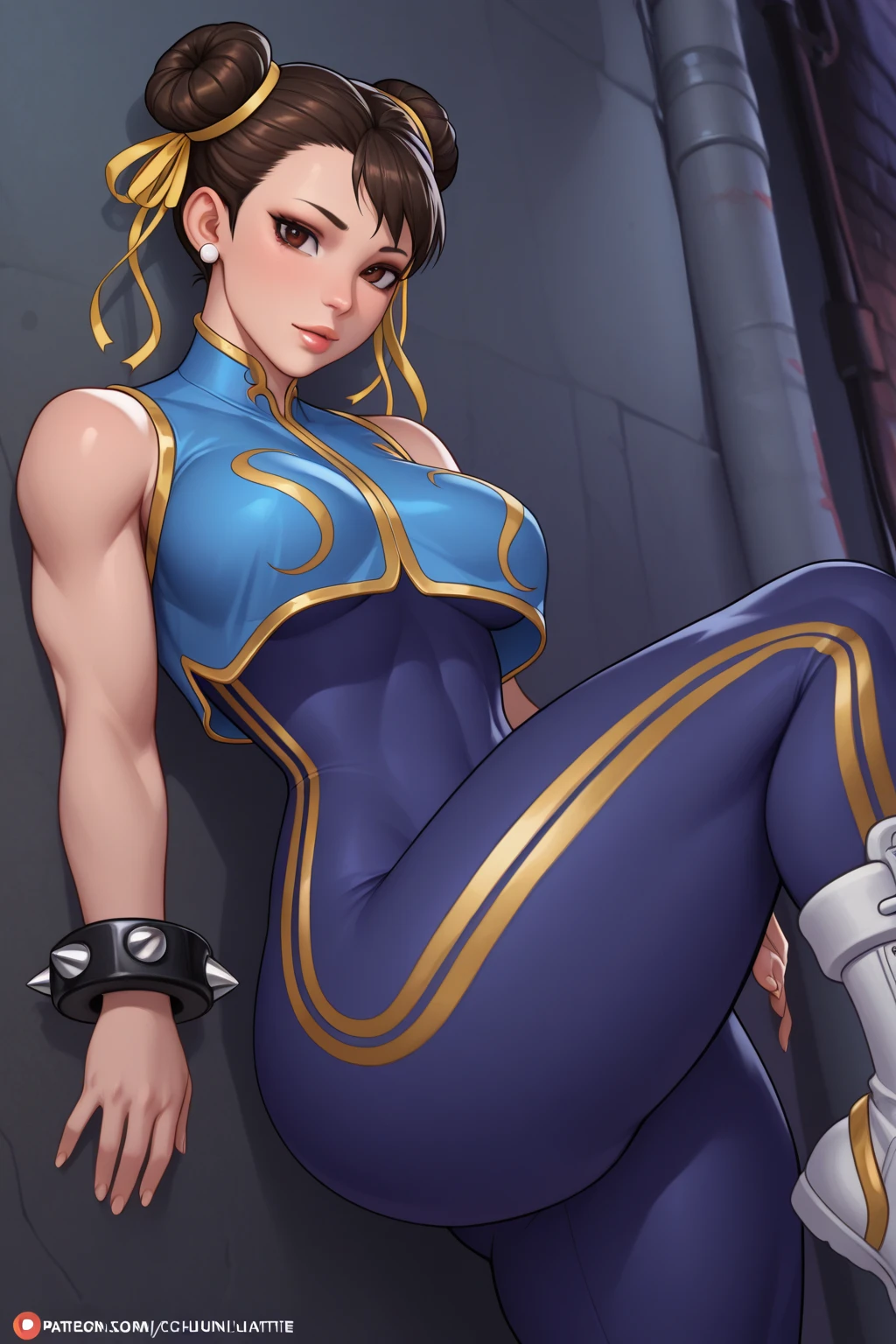 straight-on,pose,looking at viewer,solo, BREAK, CARTOON_rogue_costume_ownwaifu, www.ownwaifu.com, two-tone hair, brown hair, white hair, short hair, makeup, lipstick, hair between eyes, breasts, grey eyes, purple lips, eyeshadow, nose, medium breasts, split-color_hair, lips, pale skin, toned, narrow waist, curvy, collarbone, belt, bodysuit, armor, belt buckle, brown gloves, shoulder pads, turtleneck, yellow belt, skin tight, BREAK,, official art,extremely detailed CG unity 8k wallpaper, perfect lighting,Colorful, Bright_Front_face_Lighting,shiny skin, (masterpiece:1.0),(best_quality:1.0), ultra high res,4K,ultra-detailed, photography, 8K, HDR, highres, (absurdres:1.2), Kodak portra 400, film grain, blurry background,(vibrant_color:1.2),professional photograph,
chun li