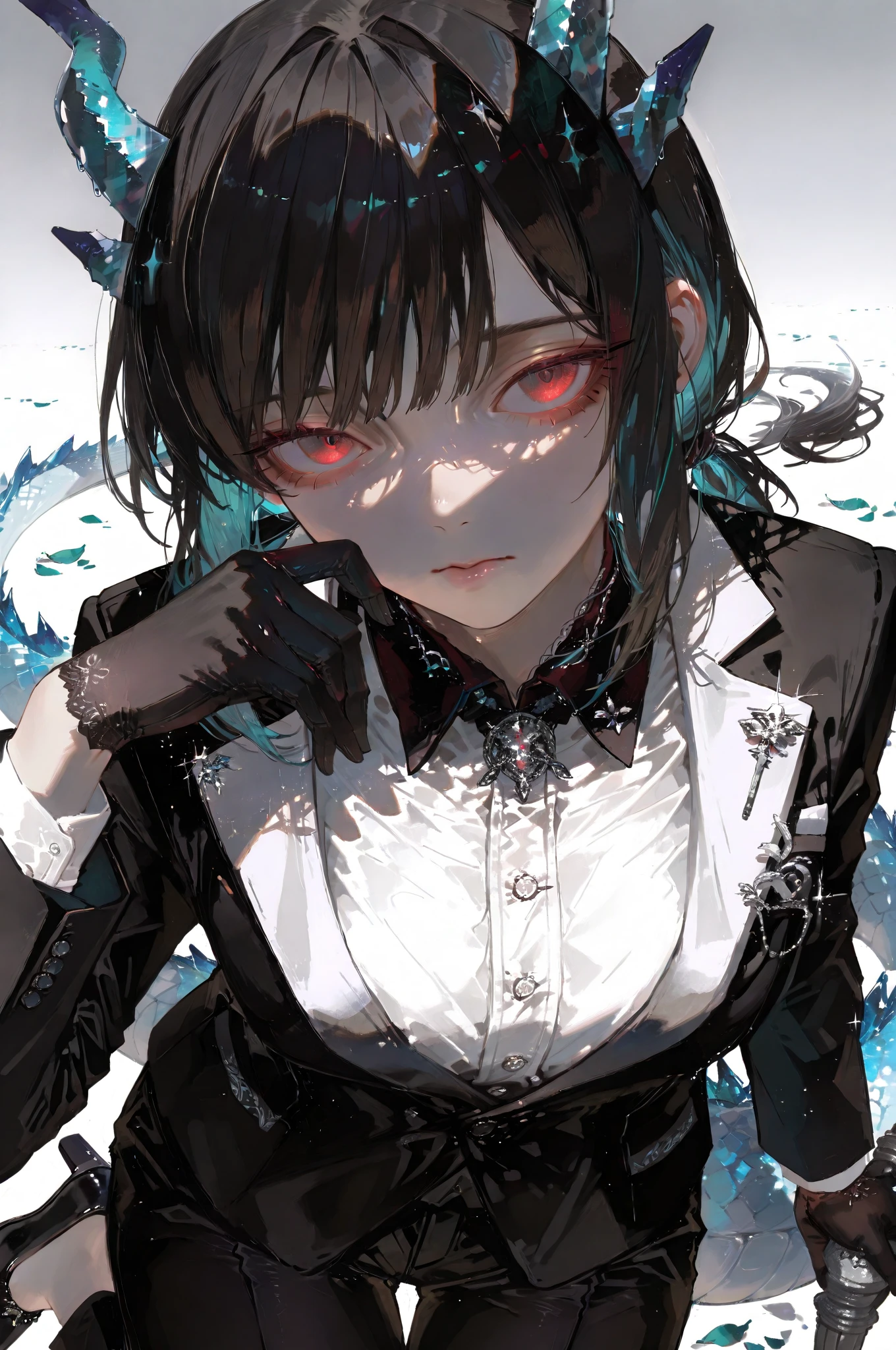 (best quality, hyper-detailed, masterpiece, beautiful image) digital art, manhwa art, 4k, anime, young adult, medium black hair, cold expression, melancholic, black and white clothes, dark background scenery, half the body up, masculine