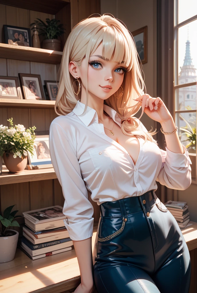 realistic photo, RAW photo, model photoshoot, a portrait photo of a beautiful swedish 30 years old woman, detail eyes, detailed face, button shirt and jacket, inside luxurious palace, (high detailed skin:1.2), 8k uhd, dslr, dramatic lighting, high quality, film grain, Fujifilm XT3, dynamic pose, cute seductive smile, colorful, full body photo, masterpiece, best quality, ultra-detailed, (blushing:0.8), short hair, messy bang