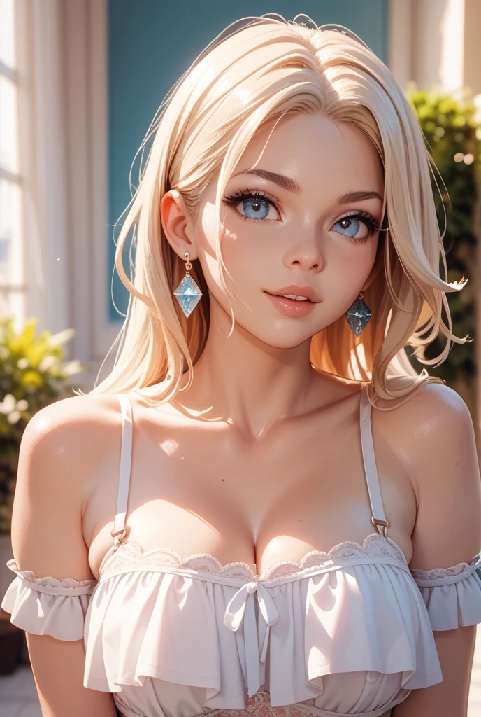 (masterpiece, best quality:1.4), (8K), Young blonde beauty, (((18 years old, neat girl))), detailed blue eyes, long eyelashes, blush, kind smile, upper body, topless small breats, shaved pussy, (looking at viewer), beautiful blonde hair, white-skinned, long hair, parted bangs, (small breasts), (valley, beautiful and magnificent skyline, majestic sky), colorful natural light)